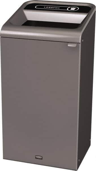 Rubbermaid - 23 Gal Gray Rectangle Decorative Indoor Single Stream Waste Receptacle - Metal, Landfill Graphic, 37.965" High x 19.588" Long x 19-1/2" Wide, Lid Included - Apex Tool & Supply