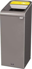 Rubbermaid - 15 Gal Gray Rectangle Decorative Indoor Single Stream Waste Receptacle - Metal, Cans Graphic, 37.965" High x 14.784" Long x 19-1/2" Wide, Lid Included - Apex Tool & Supply