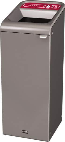 Rubbermaid - 15 Gal Gray Rectangle Decorative Indoor Single Stream Waste Receptacle - Metal, Plastic Graphic, 37.965" High x 14.784" Long x 19-1/2" Wide, Lid Included - Apex Tool & Supply