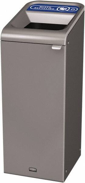 Rubbermaid - 15 Gal Gray Rectangle Decorative Indoor Single Stream Waste Receptacle - Metal, Mixed Recycling Graphic, 37.965" High x 14.784" Long x 19-1/2" Wide, Lid Included - Apex Tool & Supply