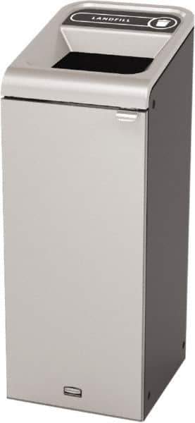Rubbermaid - 15 Gal Gray Rectangle Decorative Indoor Single Stream Waste Receptacle - Metal, Landfill Graphic, 37.965" High x 14.784" Long x 19-1/2" Wide, Lid Included - Apex Tool & Supply