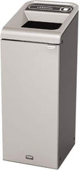 Rubbermaid - 15 Gal Gray Rectangle Decorative Indoor Single Stream Waste Receptacle - Metal, Landfill Graphic, 37.965" High x 14.784" Long x 19-1/2" Wide, Lid Included - Apex Tool & Supply