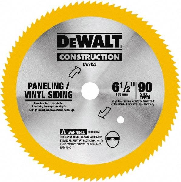 DeWALT - 6-1/2" Diam, 5/8" Arbor Hole Diam, 90 Tooth Wet & Dry Cut Saw Blade - Tungsten Carbide-Tipped, Fast Cutting Action, Diamond Arbor - Apex Tool & Supply