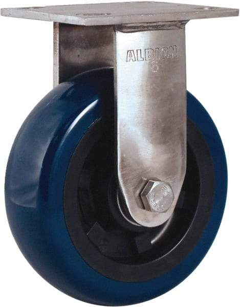 Albion - 5" Diam x 2" Wide x 6-1/2" OAH Top Plate Mount Rigid Caster - Polyurethane Mold on Polypropylene, 600 Lb Capacity, Delrin Bearing, 4 x 4-1/2" Plate - Apex Tool & Supply