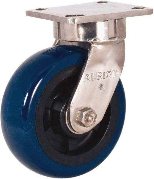 Albion - 4" Diam x 2" Wide x 5-5/8" OAH Top Plate Mount Swivel Caster - Polyurethane Mold on Polypropylene, 600 Lb Capacity, Stainless Steel Roller Bearing, 4 x 4-1/2" Plate - Apex Tool & Supply