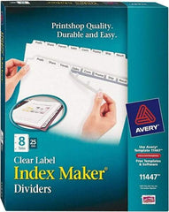 AVERY - 11 x 8-1/2" 8 Tabs, Three Hole Clear Plastic Reinforced Binder Holes, Tab Divider - Clear Tabs, White Folder - Apex Tool & Supply