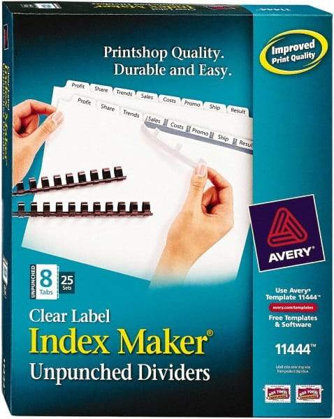 AVERY - 11 x 8-1/2" 8 Tabs, Unpunched Clear Plastic Reinforced, Tab Divider - Clear Tabs, White Folder - Apex Tool & Supply