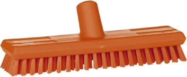 Vikan - 1" Bristle Length, Polyester Scrub Brush - 10-5/8" Long x 2-1/2" Wide Head, 11" OAL, European Threaded Handle, Orange, Polypropylene Block - Apex Tool & Supply