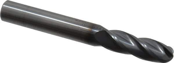 OSG - 3/8" Diam, 1-1/8" LOC, 4 Flute Solid Carbide Ball End Mill - TiCN Finish, Single End, 3" OAL, 3/8" Shank Diam, Spiral Flute - Apex Tool & Supply