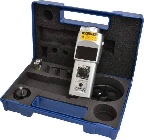 SHIMPO - Accurate up to 0.006 +/- 1% Digit (6 RPM Max) (25,000 to 99,999 RPM), 1 RPM Resolution, Contact and Noncontact Tachometer - 6.5945 Inch Long x 2.3622 Inch Wide x 1.811 Inch Meter Thick, 6 to 99,999 RPM Measurement - Apex Tool & Supply