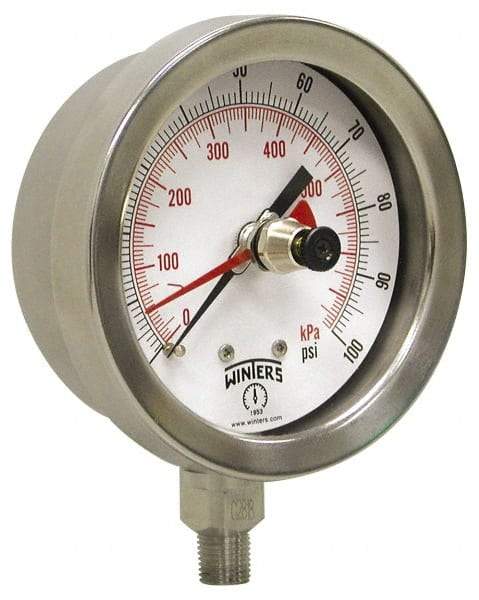 Winters - 2-1/2" Dial, 1/4 Thread, 0-100 Scale Range, Pressure Gauge - Lower Connection Mount, Accurate to 1% of Scale - Apex Tool & Supply