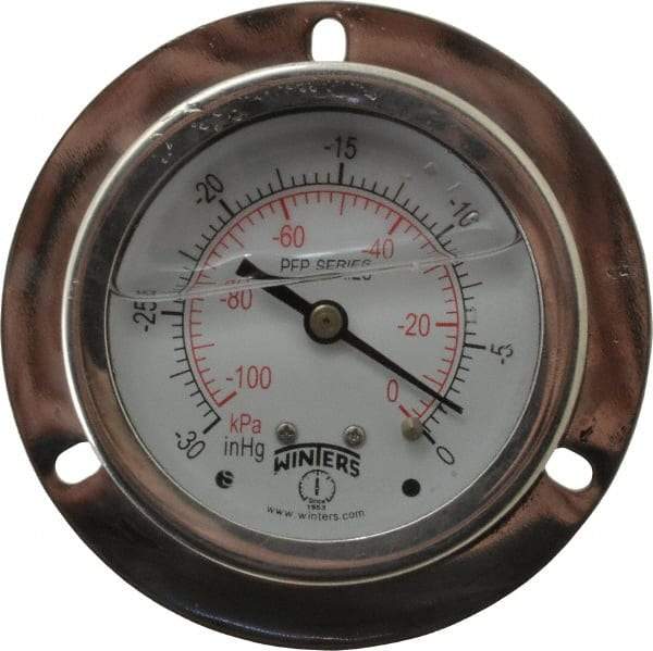 Winters - 2-1/2" Dial, 1/4 Thread, 30 Scale Range, Pressure Gauge - Front Flange Panel Mount, Center Back Connection Mount, Accurate to 1.6% of Scale - Apex Tool & Supply