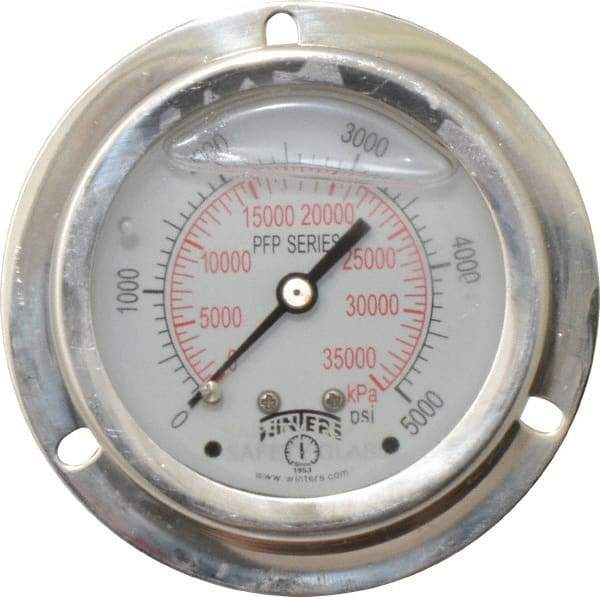 Winters - 2-1/2" Dial, 1/4 Thread, 0-5,000 Scale Range, Pressure Gauge - Front Flange Panel Mount, Center Back Connection Mount, Accurate to 1.6% of Scale - Apex Tool & Supply