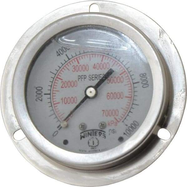 Winters - 2-1/2" Dial, 1/4 Thread, 0-10,000 Scale Range, Pressure Gauge - Front Flange Panel Mount, Center Back Connection Mount, Accurate to 1.6% of Scale - Apex Tool & Supply