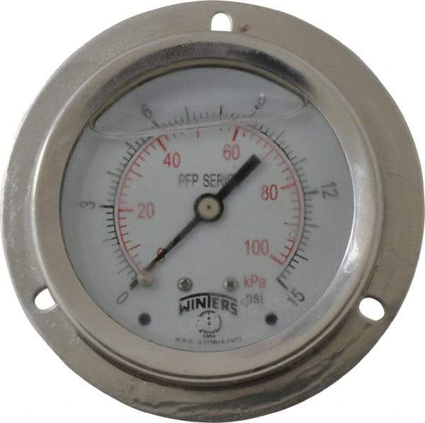 Winters - 2-1/2" Dial, 1/4 Thread, 0-15 Scale Range, Pressure Gauge - Front Flange Panel Mount, Center Back Connection Mount, Accurate to 1.6% of Scale - Apex Tool & Supply