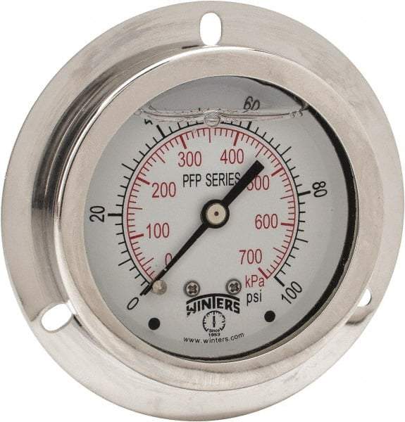Winters - 2-1/2" Dial, 1/4 Thread, 0-100 Scale Range, Pressure Gauge - Front Flange Panel Mount, Center Back Connection Mount, Accurate to 1.6% of Scale - Apex Tool & Supply