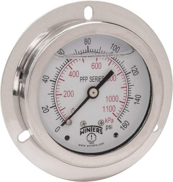 Winters - 2-1/2" Dial, 1/4 Thread, 0-160 Scale Range, Pressure Gauge - Front Flange Panel Mount, Center Back Connection Mount, Accurate to 1.6% of Scale - Apex Tool & Supply