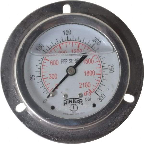 Winters - 2-1/2" Dial, 1/4 Thread, 0-300 Scale Range, Pressure Gauge - Front Flange Panel Mount, Center Back Connection Mount, Accurate to 1.6% of Scale - Apex Tool & Supply