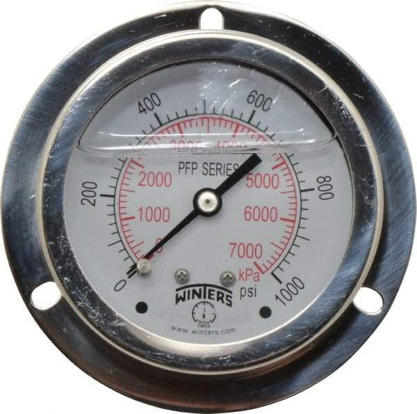 Winters - 2-1/2" Dial, 1/4 Thread, 0-1,000 Scale Range, Pressure Gauge - Front Flange Panel Mount, Center Back Connection Mount, Accurate to 1.6% of Scale - Apex Tool & Supply