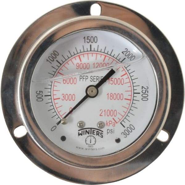 Winters - 2-1/2" Dial, 1/4 Thread, 0-3,000 Scale Range, Pressure Gauge - Front Flange Panel Mount, Center Back Connection Mount, Accurate to 1.6% of Scale - Apex Tool & Supply