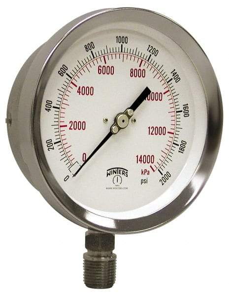 Winters - 4" Dial, 1/4 Thread, 30-0-60 Scale Range, Pressure Gauge - Lower Connection Mount, Accurate to 1% of Scale - Apex Tool & Supply