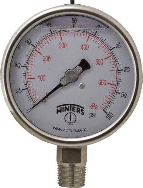 Winters - 4" Dial, 1/2 Thread, 0-100 Scale Range, Pressure Gauge - Lower Connection Mount, Accurate to 1% of Scale - Apex Tool & Supply