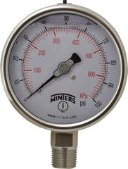 Winters - 4" Dial, 1/2 Thread, 0-100 Scale Range, Pressure Gauge - Lower Connection Mount, Accurate to 1% of Scale - Apex Tool & Supply