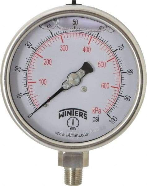 Winters - 4" Dial, 1/4 Thread, 0-100 Scale Range, Pressure Gauge - Lower Connection Mount, Accurate to 1% of Scale - Apex Tool & Supply