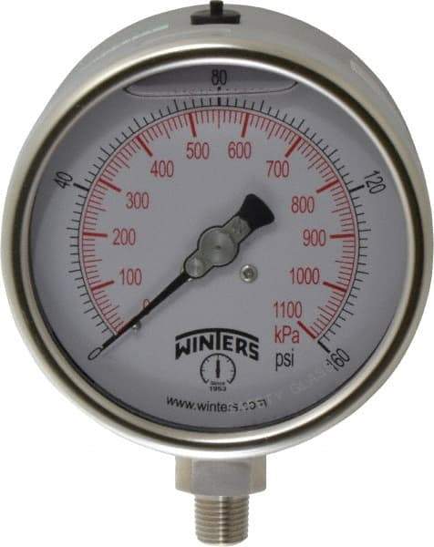 Winters - 4" Dial, 1/4 Thread, 0-160 Scale Range, Pressure Gauge - Lower Connection Mount, Accurate to 1% of Scale - Apex Tool & Supply