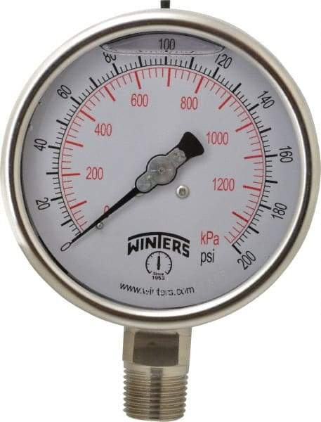Winters - 4" Dial, 1/2 Thread, 0-200 Scale Range, Pressure Gauge - Lower Connection Mount, Accurate to 1% of Scale - Apex Tool & Supply