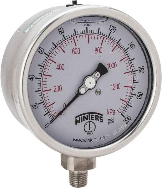 Winters - 4" Dial, 1/4 Thread, 0-200 Scale Range, Pressure Gauge - Lower Connection Mount, Accurate to 1% of Scale - Apex Tool & Supply