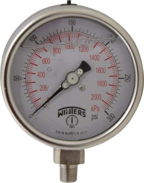 Winters - 4" Dial, 1/4 Thread, 0-300 Scale Range, Pressure Gauge - Lower Connection Mount, Accurate to 1% of Scale - Apex Tool & Supply