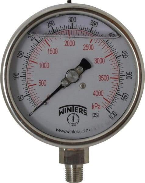 Winters - 4" Dial, 1/4 Thread, 0-600 Scale Range, Pressure Gauge - Lower Connection Mount, Accurate to 1% of Scale - Apex Tool & Supply