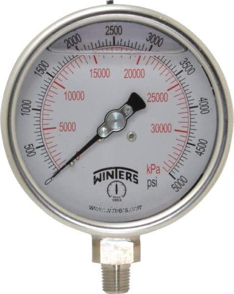Winters - 4" Dial, 1/4 Thread, 0-5,000 Scale Range, Pressure Gauge - Lower Connection Mount, Accurate to 1% of Scale - Apex Tool & Supply