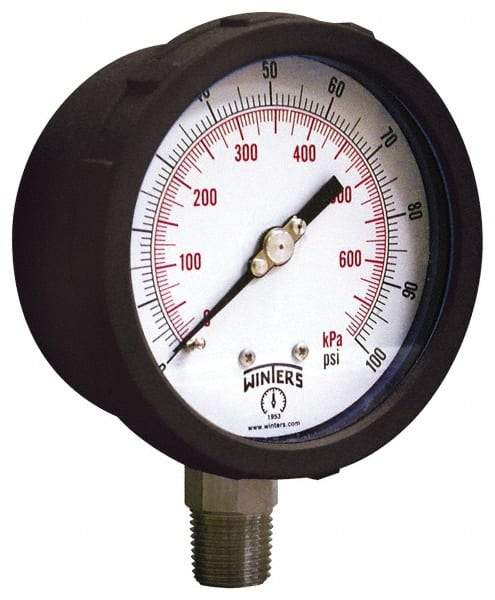 Winters - 4" Dial, 1/4 Thread, 30-0-100 Scale Range, Pressure Gauge - Lower Connection Mount, Accurate to 1% of Scale - Apex Tool & Supply