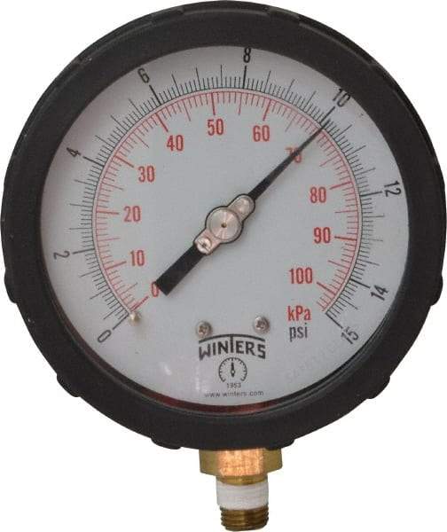 Winters - 4" Dial, 1/4 Thread, 0-15 Scale Range, Pressure Gauge - Lower Connection Mount, Accurate to 1% of Scale - Apex Tool & Supply