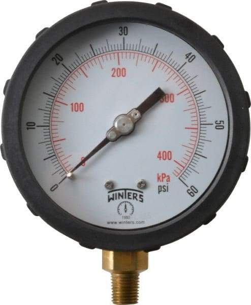 Winters - 4" Dial, 1/4 Thread, 0-60 Scale Range, Pressure Gauge - Lower Connection Mount, Accurate to 1% of Scale - Apex Tool & Supply