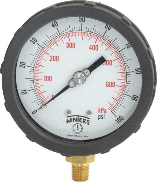 Winters - 4" Dial, 1/4 Thread, 0-100 Scale Range, Pressure Gauge - Lower Connection Mount, Accurate to 1% of Scale - Apex Tool & Supply