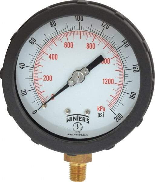 Winters - 4" Dial, 1/4 Thread, 0-200 Scale Range, Pressure Gauge - Lower Connection Mount, Accurate to 1% of Scale - Apex Tool & Supply