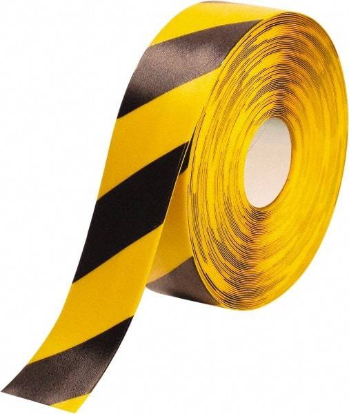 PRO-SAFE - Black & Yellow Striped PVC Tape - 3" Wide x 100' Long x 50 mil Thick, General Traffic - Apex Tool & Supply