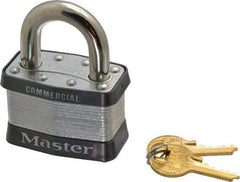 Master Lock - 1" Shackle Clearance, Keyed Different Padlock - 15/16" Shackle Width, 3/8" Shackle Diam, Laminated Steel - Apex Tool & Supply