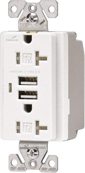 Cooper Wiring Devices - 2 USB Port, 2 Receptacle, 125 VAC, 5 VDC USB Receptacle - 5-15R NEMA Configuration, 20 Amp, White, 2.1 Amp Charging Power, Automatic Grounding, Screw Mount - Apex Tool & Supply