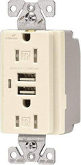 Cooper Wiring Devices - 2 USB Port, 2 Receptacle, 125 VAC, 5 VDC USB Receptacle - 5-15R NEMA Configuration, 15 Amp, Light Almond, 2.1 Amp Charging Power, Automatic Grounding, Screw Mount - Apex Tool & Supply
