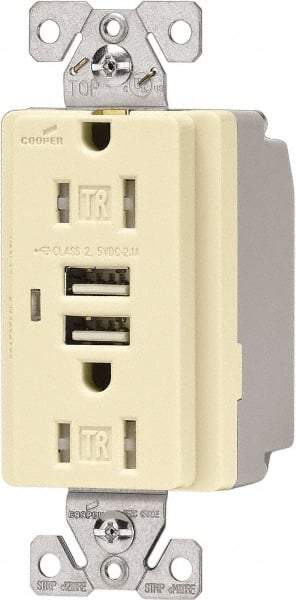 Cooper Wiring Devices - 2 USB Port, 2 Receptacle, 125 VAC, 5 VDC USB Receptacle - 5-15R NEMA Configuration, 15 Amp, Almond, 2.1 Amp Charging Power, Automatic Grounding, Screw Mount - Apex Tool & Supply