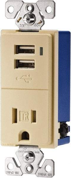 Cooper Wiring Devices - 2 USB Port, 1 Receptacle, 125 VAC, 5 VDC USB Receptacle - 5-15R NEMA Configuration, 15 Amp, Ivory, Screw Mount - Apex Tool & Supply