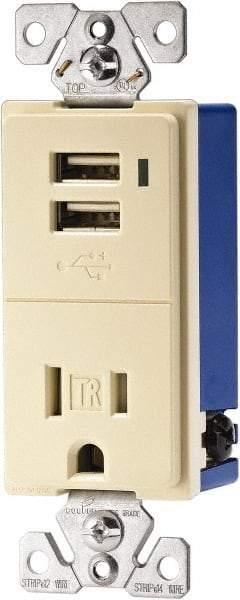 Cooper Wiring Devices - 2 USB Port, 1 Receptacle, 125 VAC, 5 VDC USB Receptacle - 5-15R NEMA Configuration, 15 Amp, Almond, Screw Mount - Apex Tool & Supply