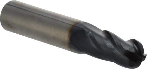 OSG - 29/64" Diam, 1" LOC, 4 Flute Solid Carbide Ball End Mill - TiAlN Finish, Single End, 3" OAL, 1/2" Shank Diam, Spiral Flute - Apex Tool & Supply
