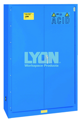 Acid Storage Cabinet - #5545 - 43 x 18 x 65" - 45 Gallon - w/2 shelves, three poly trays, bi-fold self-closing door - Blue Only - Apex Tool & Supply