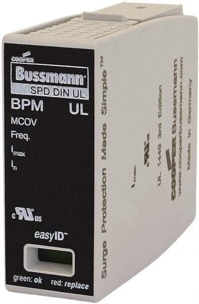 Cooper Bussmann - 1 Pole, 1 Phase, 20 kA Nominal Current, 90mm Long x 18mm Wide x 65mm Deep, Thermoplastic Hardwired Surge Protector - DIN Rail Mount, 125 kA Short Circuit Current, 347 VAC, 600 VAC Operating Voltage, 40 kA Surge Protection - Apex Tool & Supply