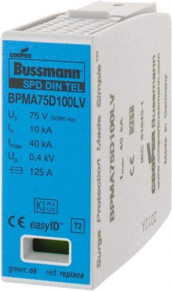 Cooper Bussmann - 1 Pole, 1 Phase, 10 kA Nominal Current, 90mm Long x 18mm Wide x 65mm Deep, Thermoplastic Hardwired Surge Protector - DIN Rail Mount, 100 VDC, 75 VAC, 100 VDC, 75 VAC Operating Voltage, 40 kA Surge Protection - Apex Tool & Supply
